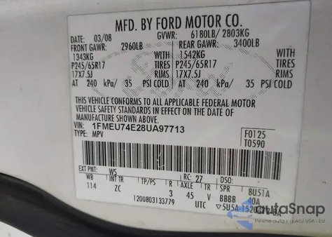 2008 Ford Explorer Eddie Bauer z USA, uszkodzony, nr VIN 1FMEU74E28UA97713